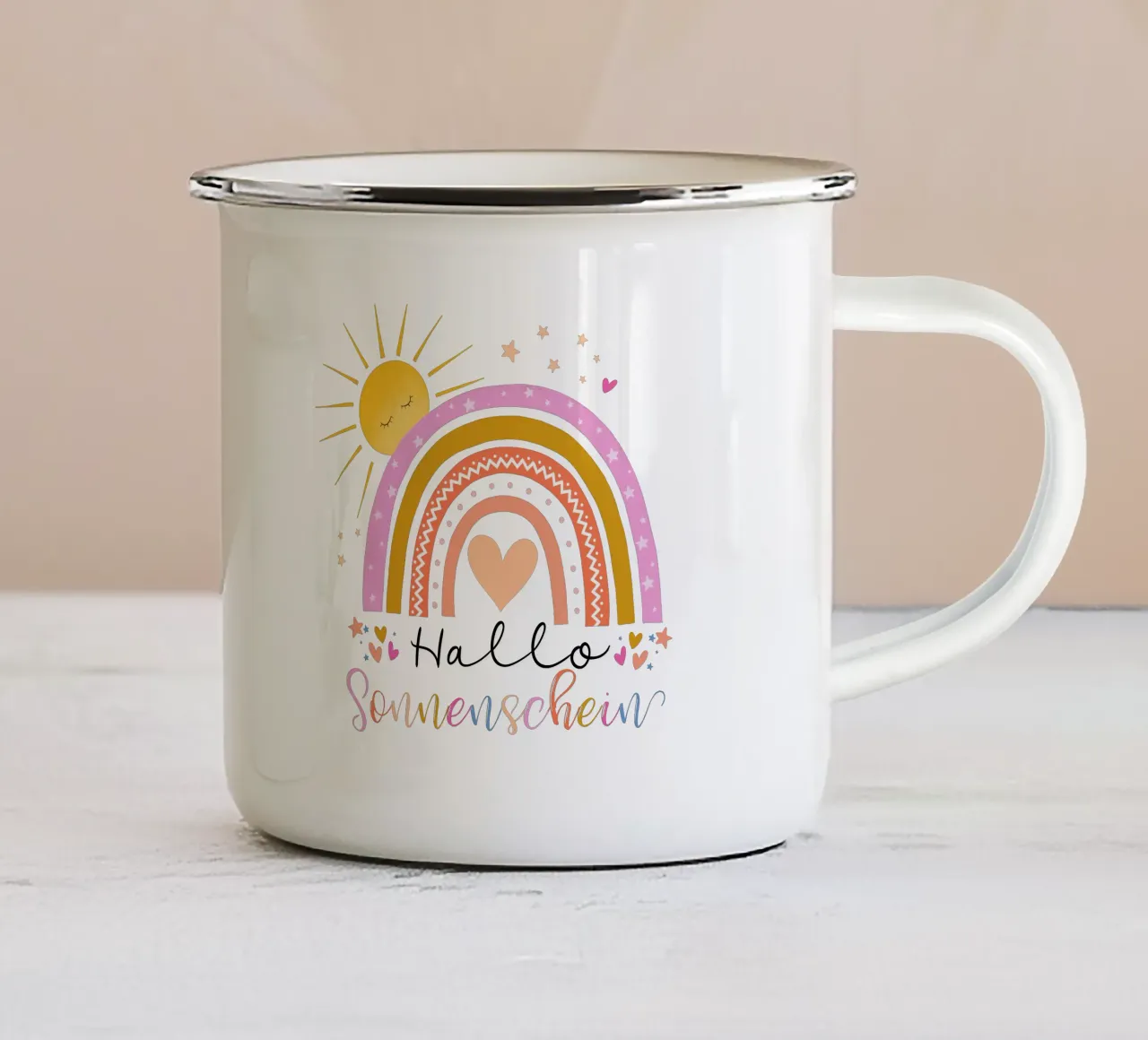 Ciao, sole. Simpatico arcobaleno in rosa. Per i bambini tazza in smalto da CalliLetters