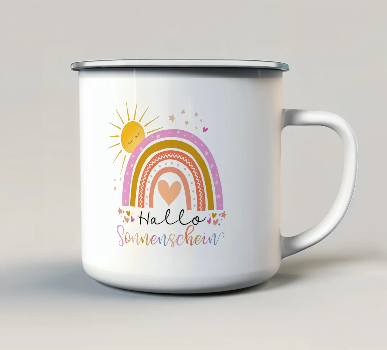 Ciao, sole. Simpatico arcobaleno in rosa. Per i bambini tazza in smalto da CalliLetters