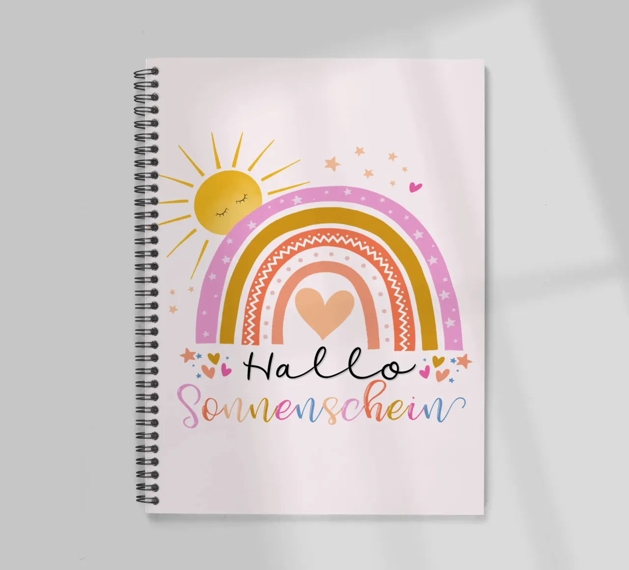 Ciao, sole. Simpatico arcobaleno in rosa. Per i bambini diario ad anelli da CalliLetters