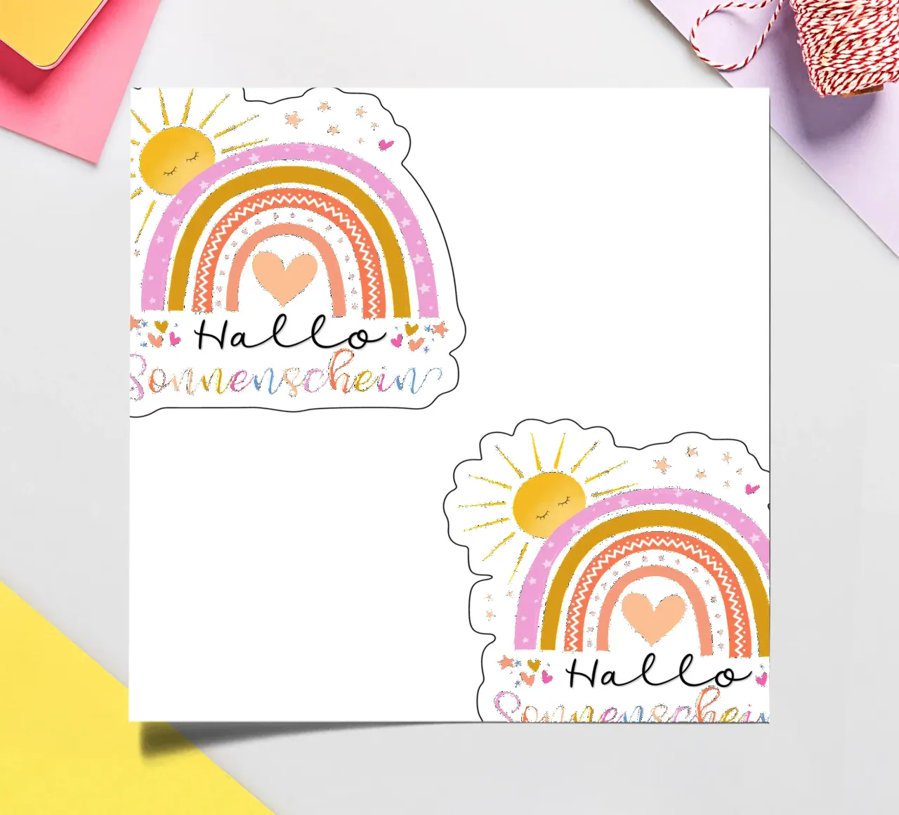 Ciao, sole. Simpatico arcobaleno in rosa. Per i bambini foglio adesivo da CalliLetters