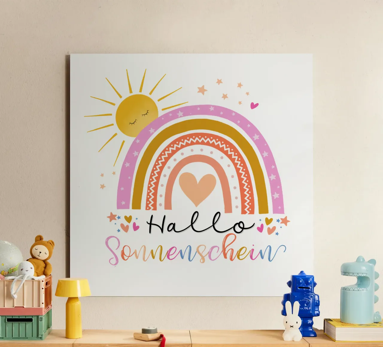 Ciao, sole. Simpatico arcobaleno in rosa. Per i bambini alluminio dibond da CalliLetters