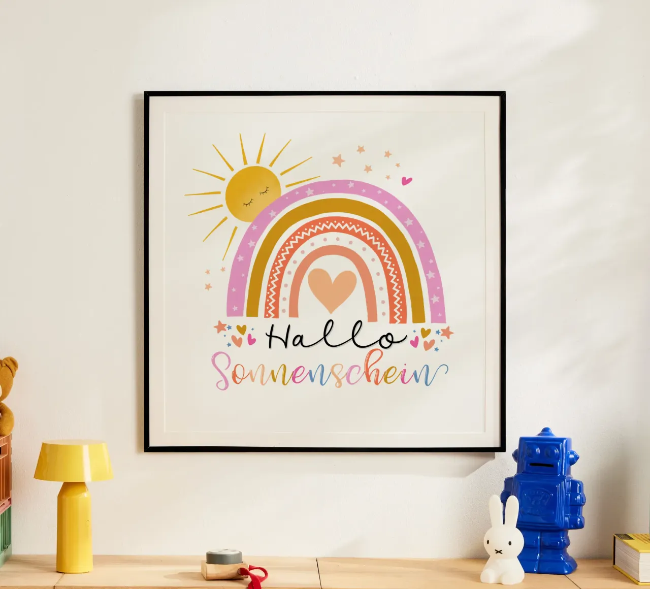 Ciao, sole. Simpatico arcobaleno in rosa. Per i bambini poster da CalliLetters