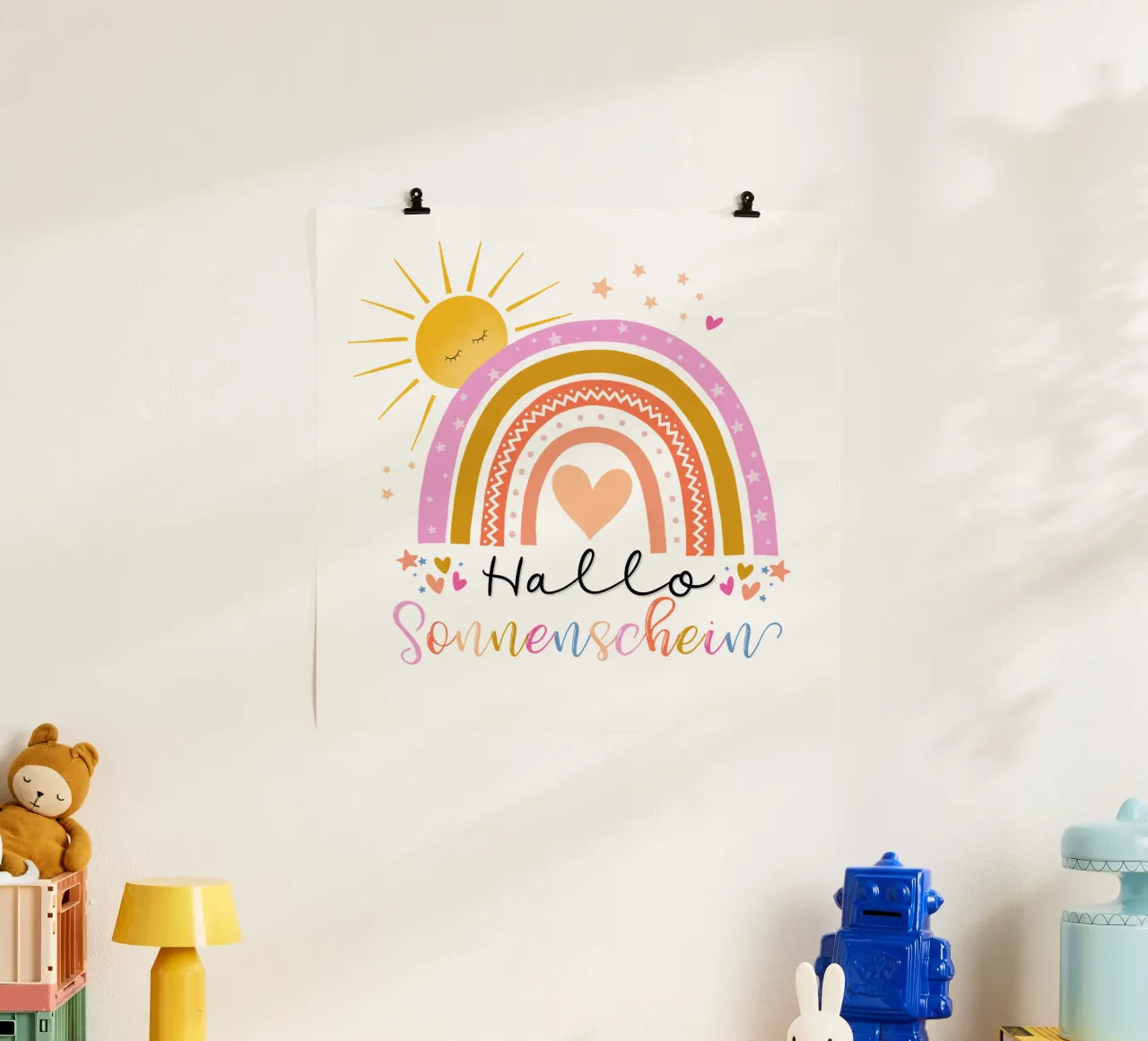 Ciao, sole. Simpatico arcobaleno in rosa. Per i bambini poster da CalliLetters