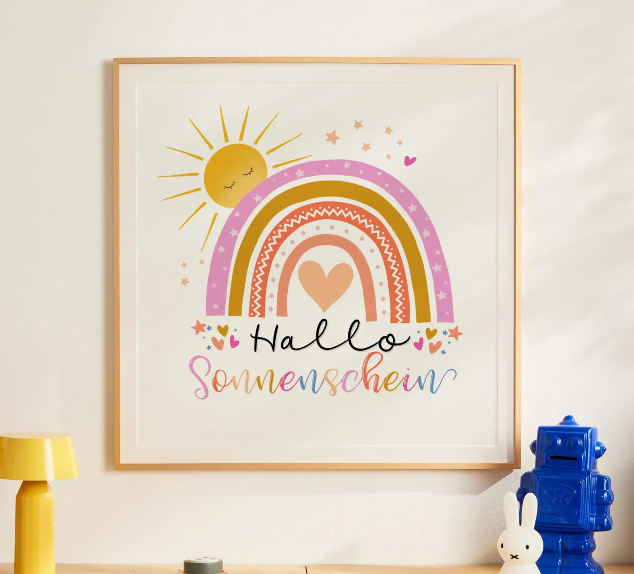 Ciao, sole. Simpatico arcobaleno in rosa. Per i bambini poster da CalliLetters