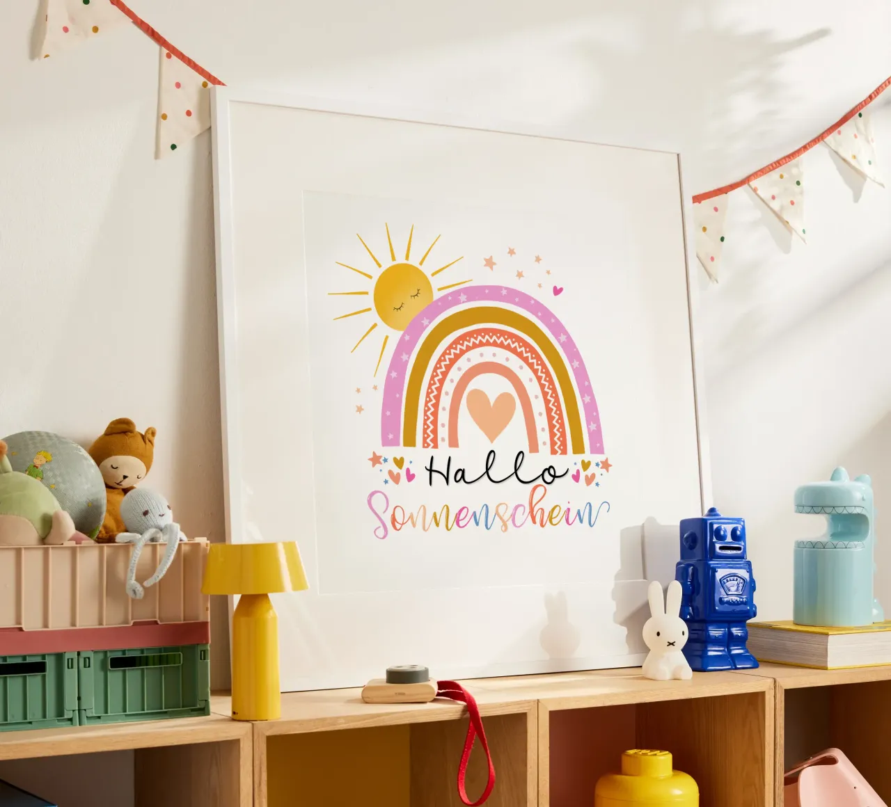 Ciao, sole. Simpatico arcobaleno in rosa. Per i bambini poster da CalliLetters