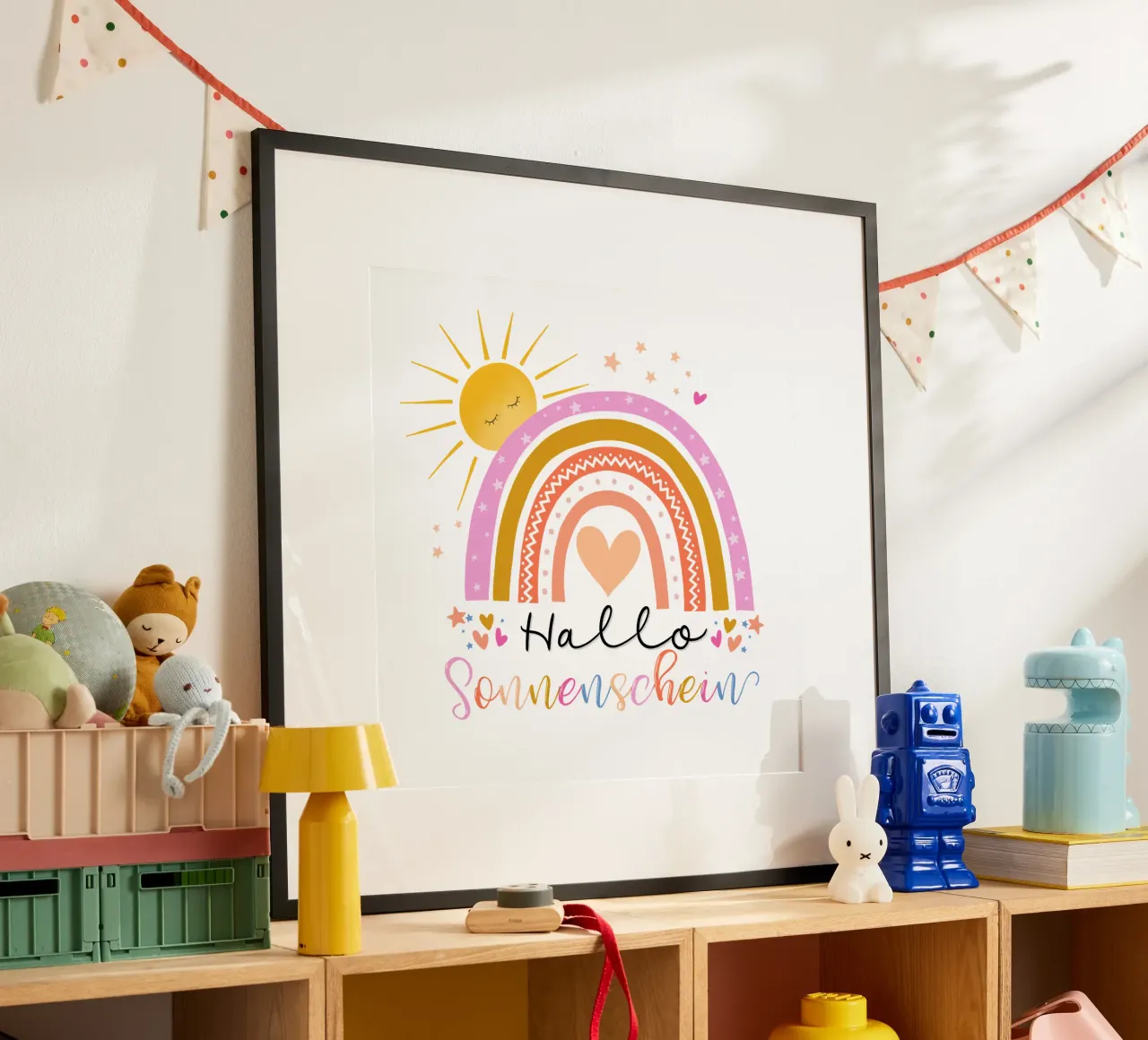 Ciao, sole. Simpatico arcobaleno in rosa. Per i bambini poster da CalliLetters