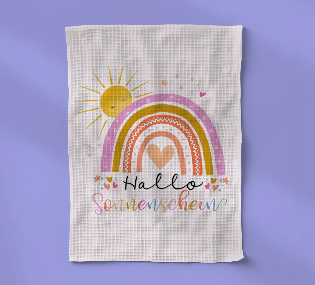 Ciao, sole. Simpatico arcobaleno in rosa. Per i bambini canovaccio da cucina da CalliLetters