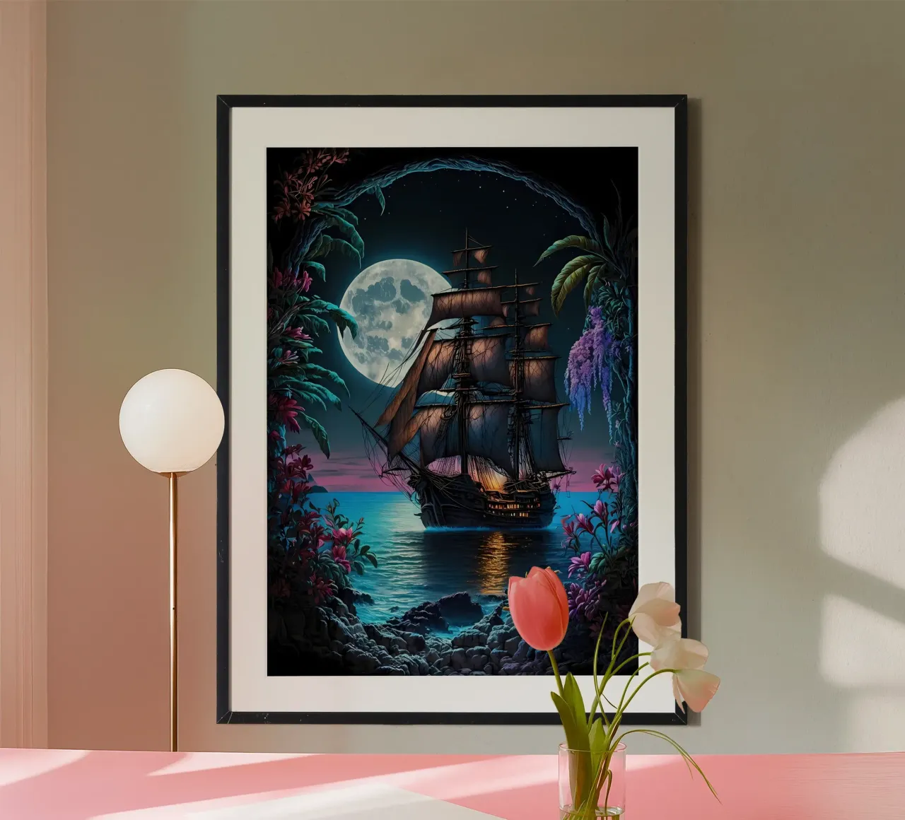 Nave pirata al chiaro di luna poster con telaio in legno da Mikesell