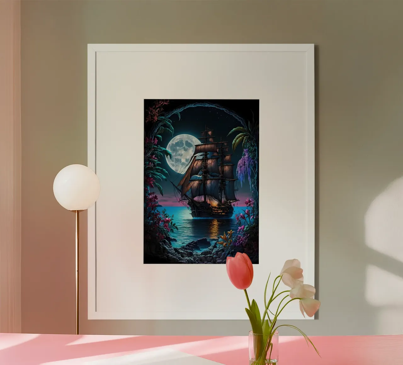 Nave pirata al chiaro di luna poster con telaio in legno da Mikesell