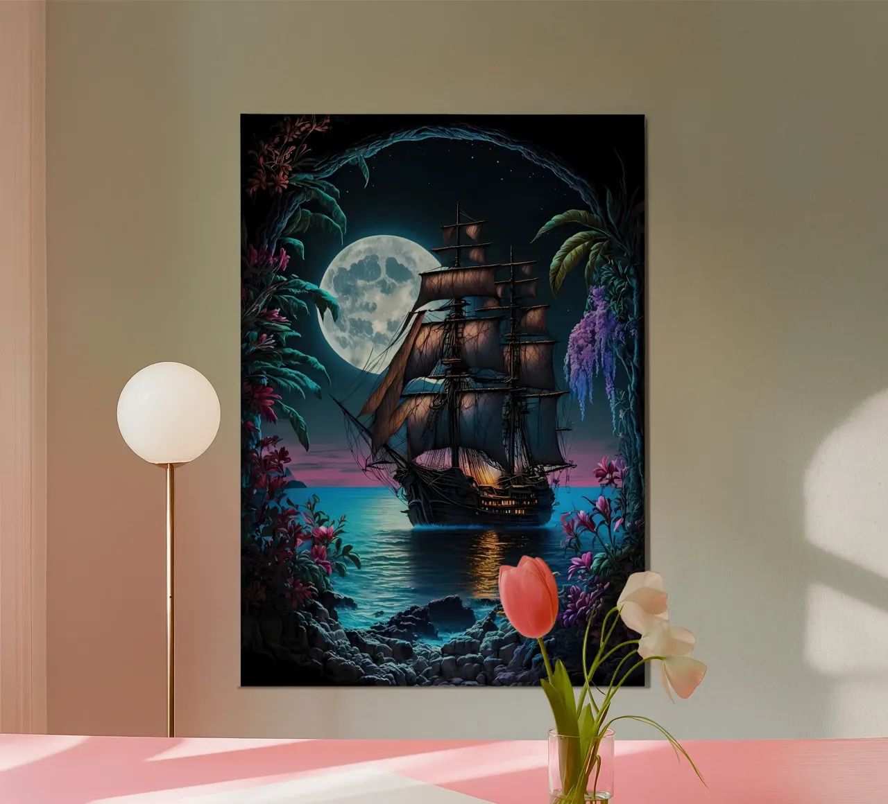 Nave pirata al chiaro di luna poster con telaio in legno da Mikesell