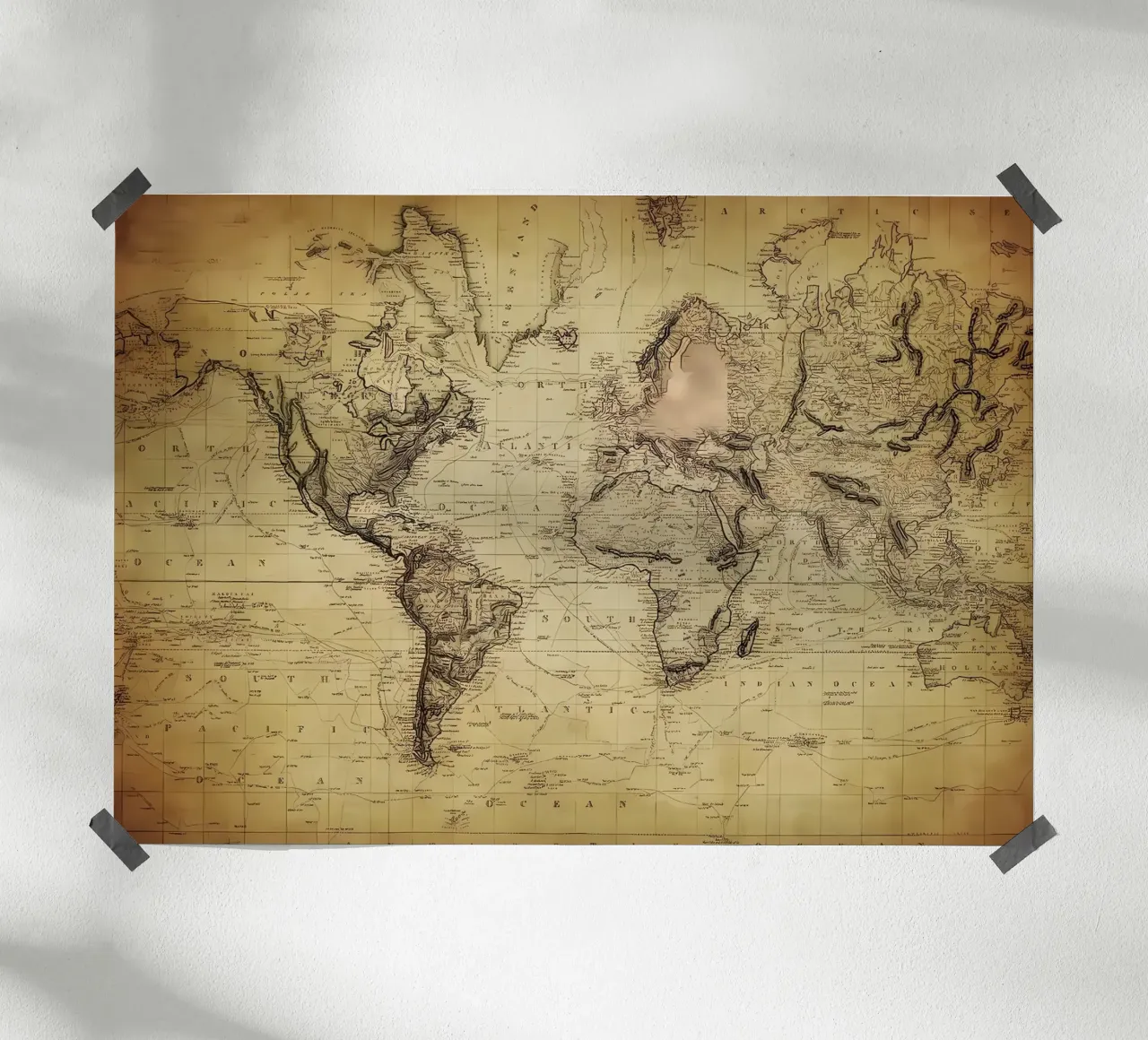 Mappa del mondo d'epoca poster con telaio in legno da Delaplane