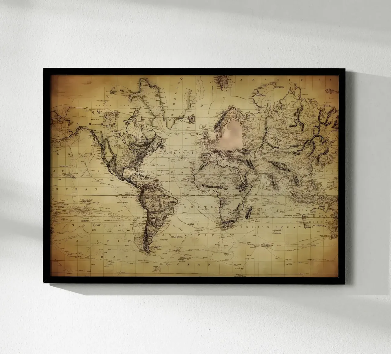 Mappa del mondo d'epoca poster con telaio in legno da Delaplane