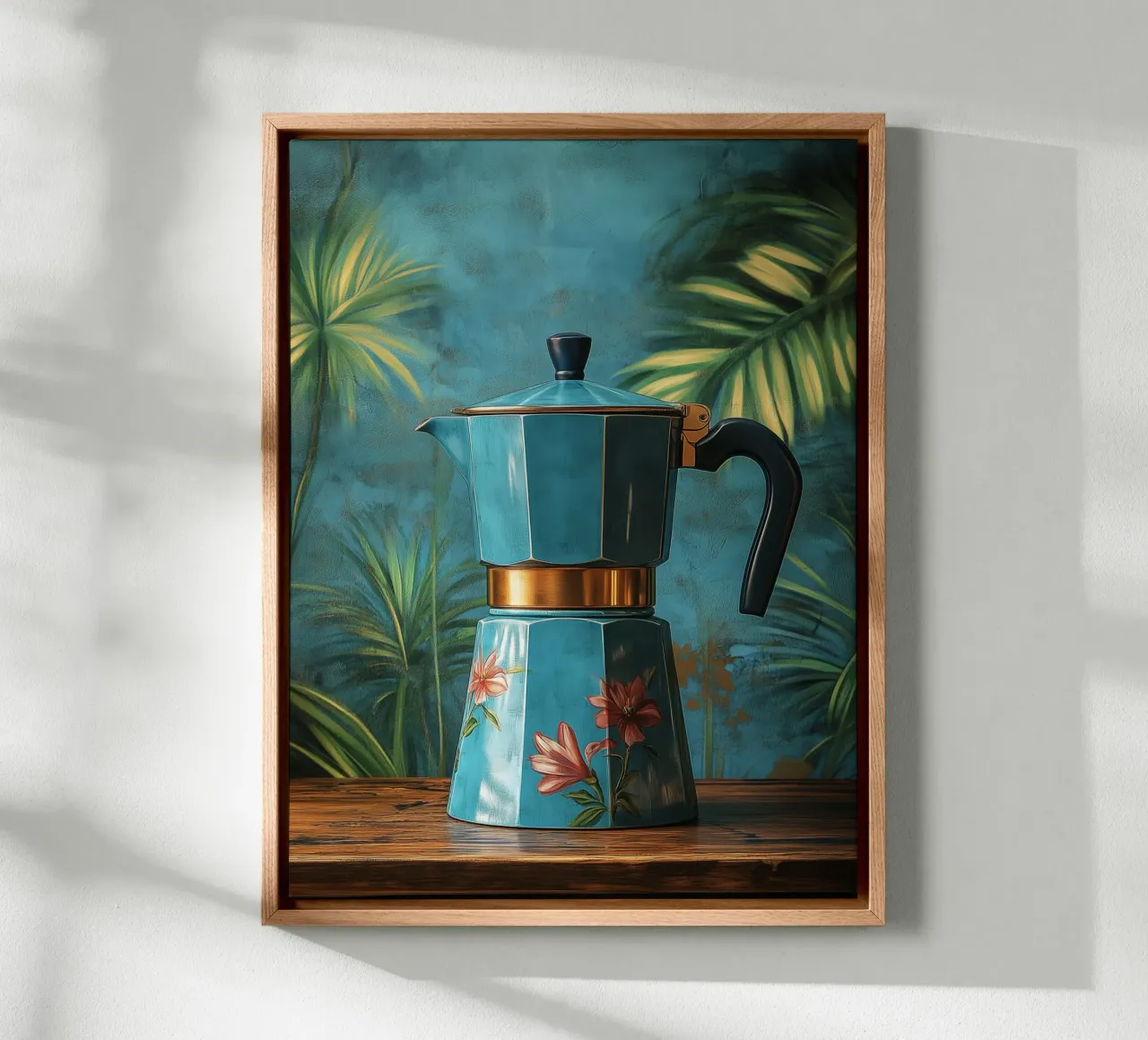 Blaue Blumenkaffeekanne Leinwand mit Schattenfugenrahmen von Spice & Style