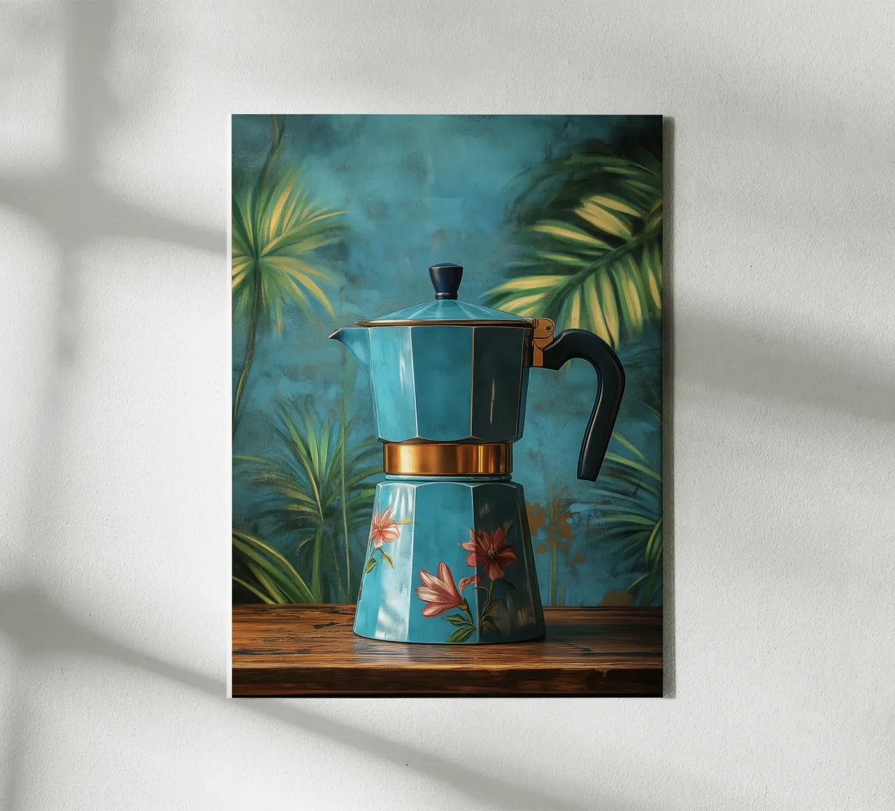 Blaue Blumenkaffeekanne Leinwand mit Schattenfugenrahmen von Spice & Style