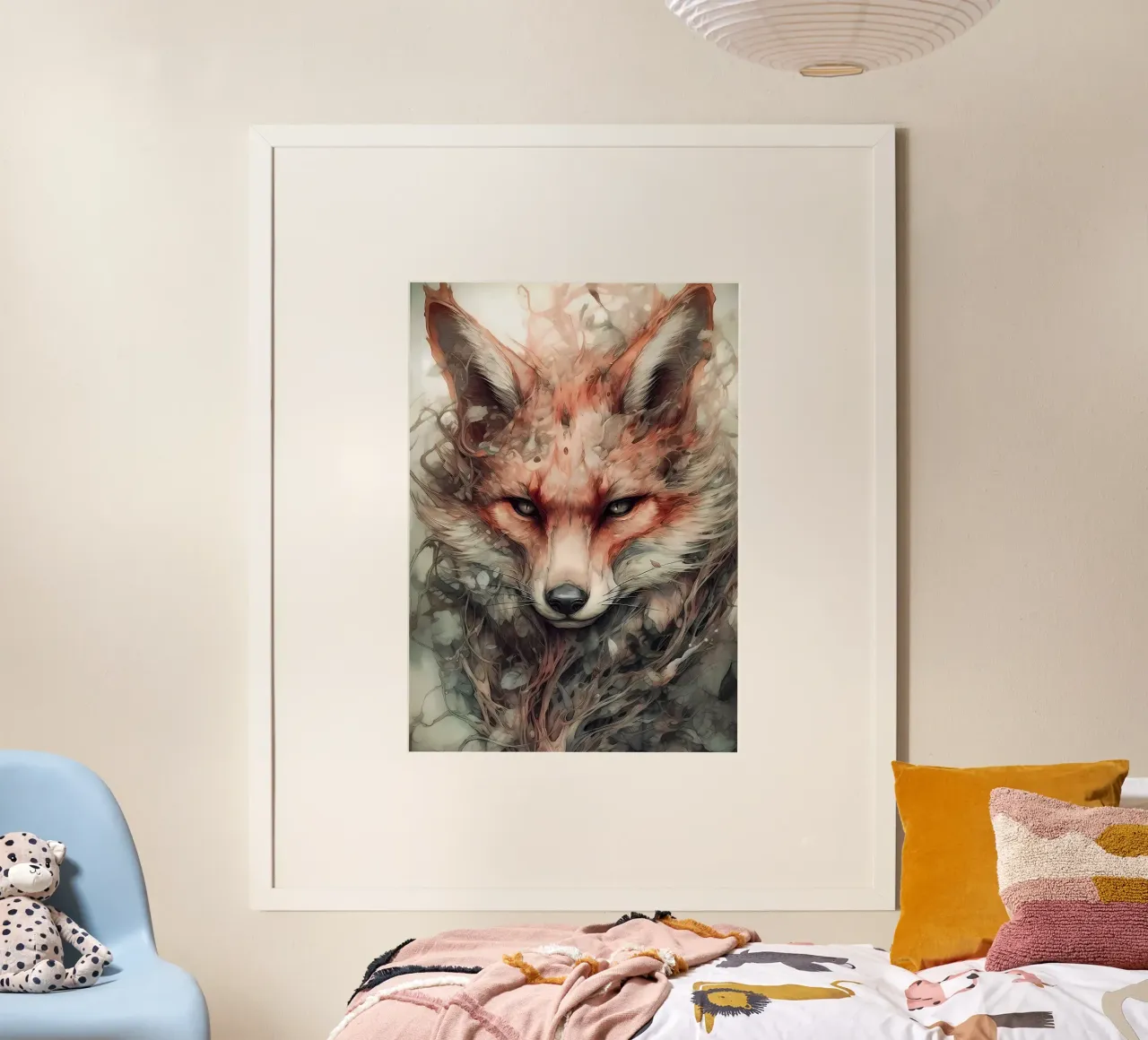 Volpe kitsune giapponese poster con telaio in legno da Mikesell