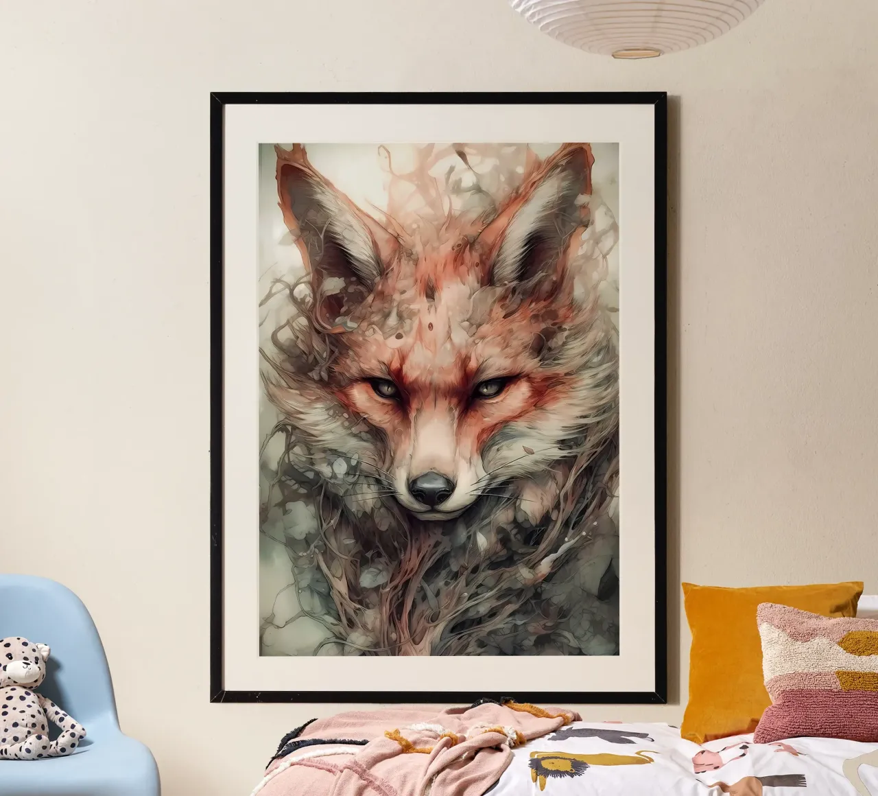 Volpe kitsune giapponese poster con telaio in legno da Mikesell