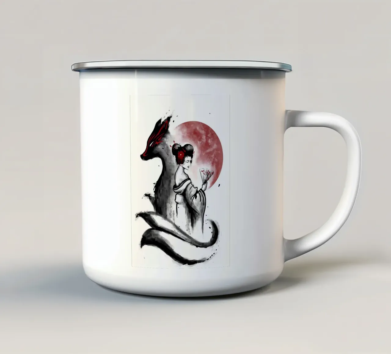 Zorro japonés Kitsune taza de esmalte de Mikesell
