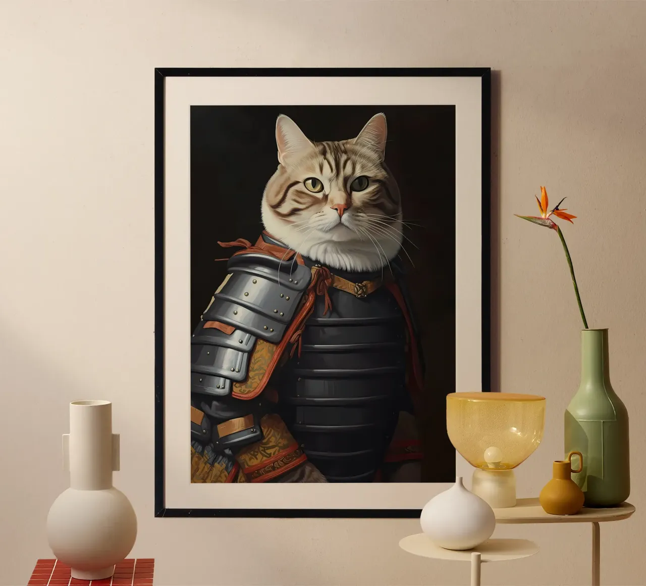 Gatto samurai giapponese poster con telaio in plastica da Mikesell