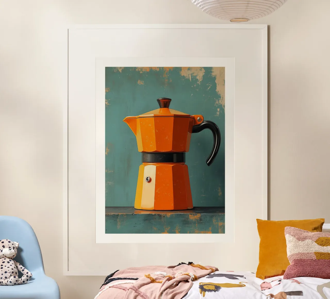 Caffettiera arancione retrò poster con telaio in legno da Spice & Style