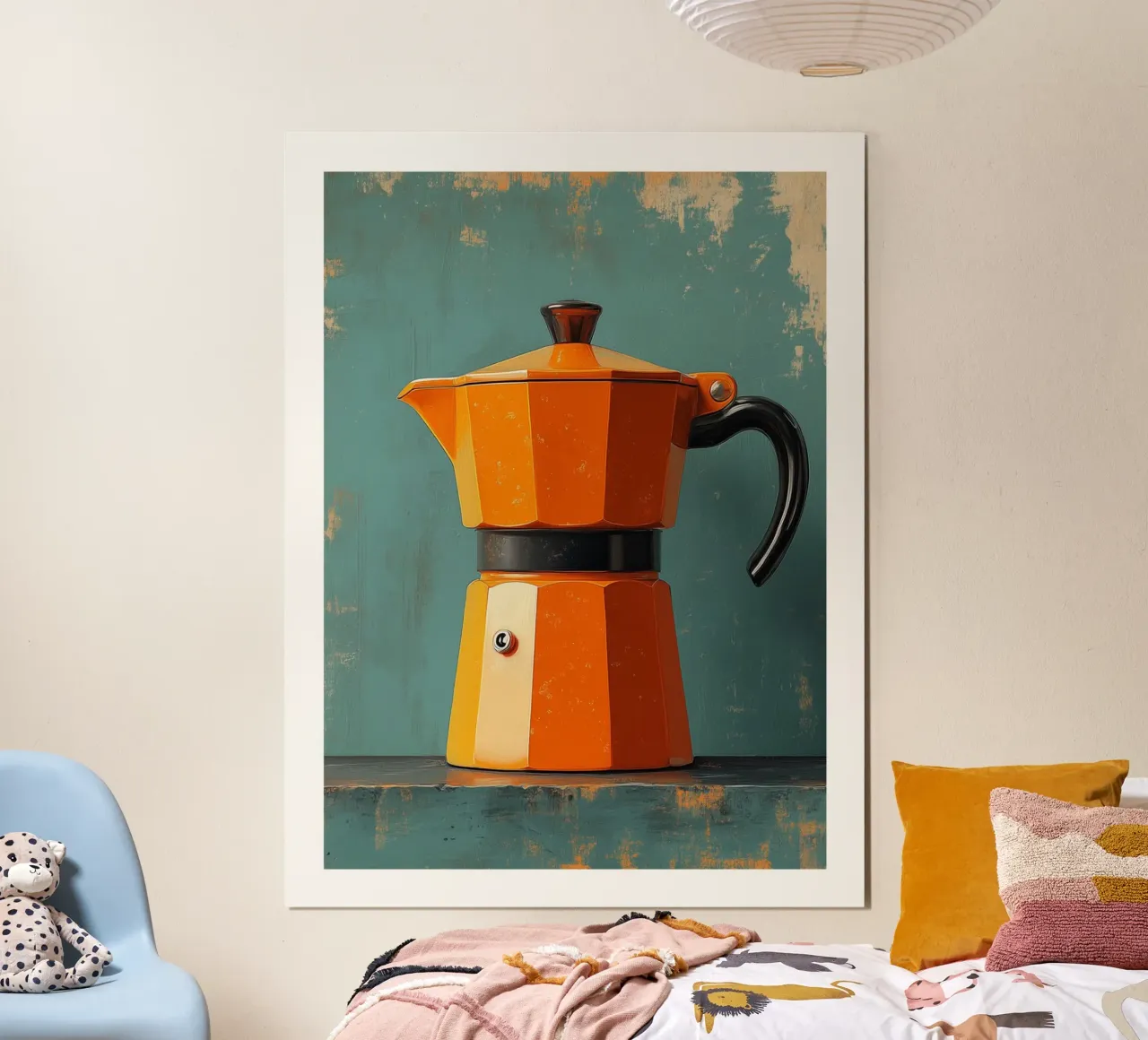 Caffettiera arancione retrò poster con telaio in legno da Spice & Style