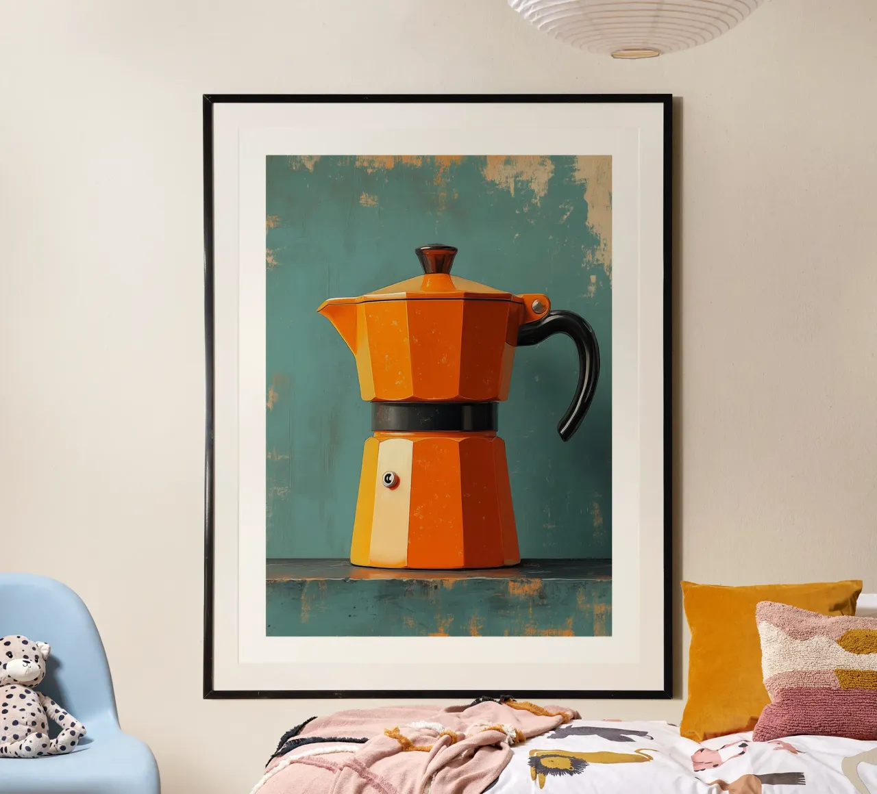 Caffettiera arancione retrò poster con telaio in legno da Spice & Style