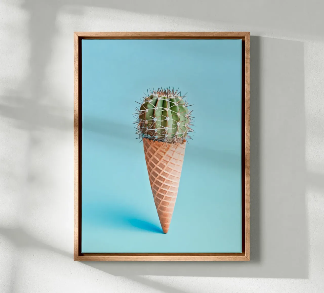 Ice cream cone with cactus light blue canvas with Floater frame by Yaso Design & Art