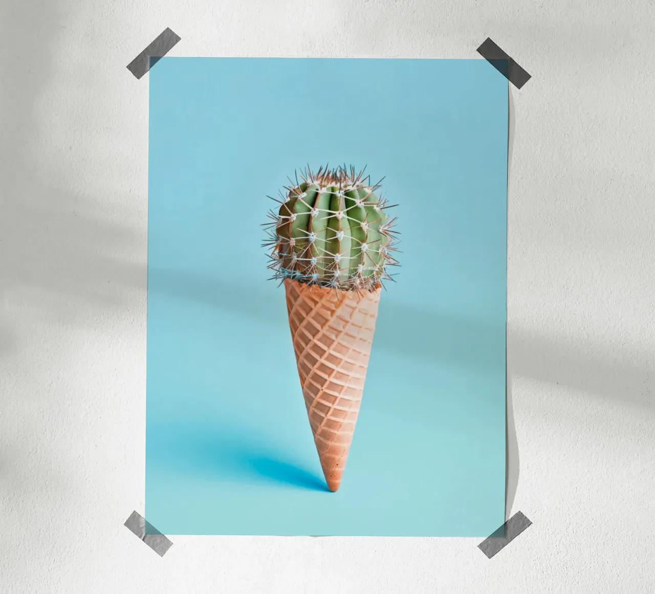 Cono gelato con cactus blu chiaro poster con telaio in legno da Yaso Design & Art