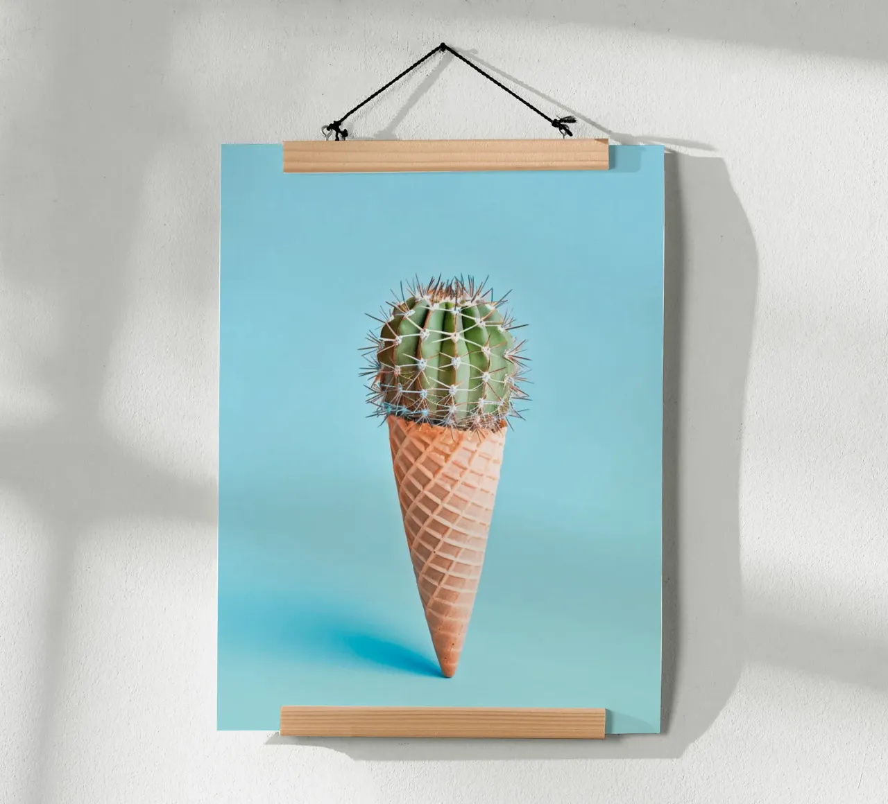 Cono gelato con cactus blu chiaro poster con telaio in legno da Yaso Design & Art