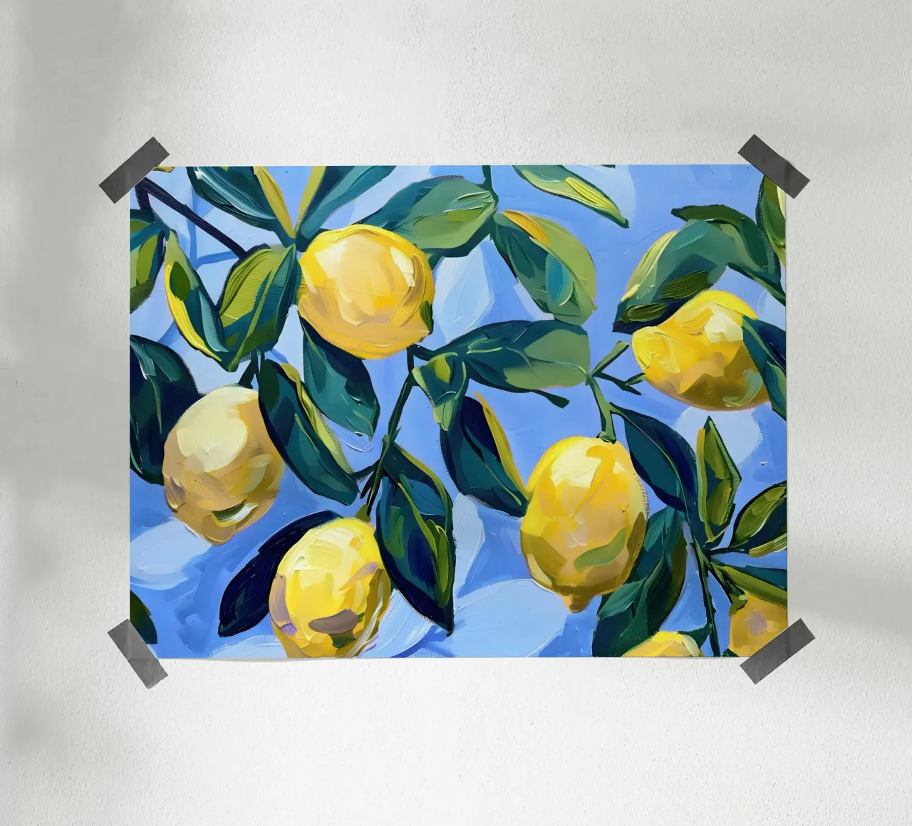 Lemons with leaves and blue background hahnemühle by Yaso Design & Art