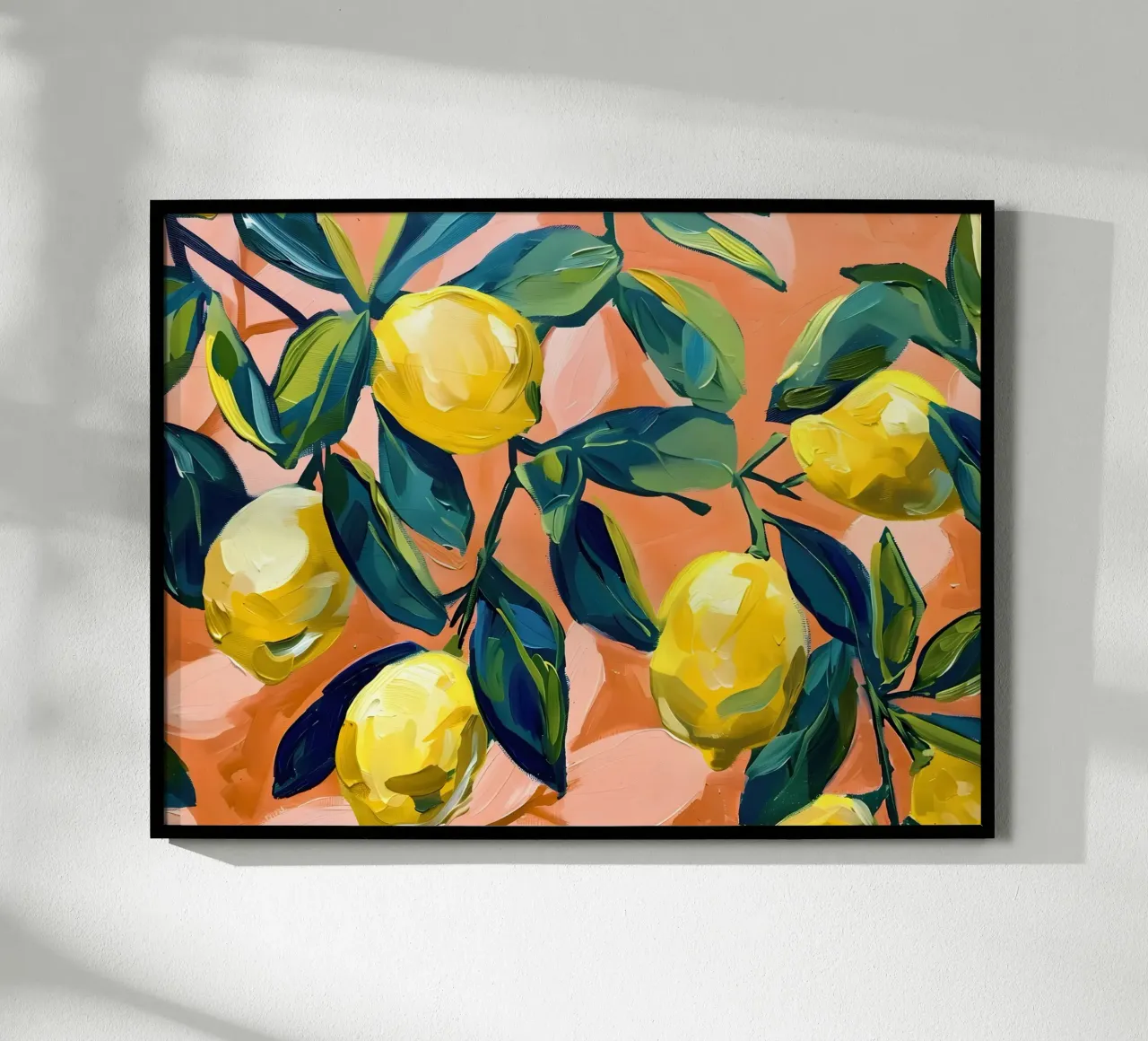 Zitronen mit Blättern und orangem Hintergrund Hahnemühle von Yaso Design & Art