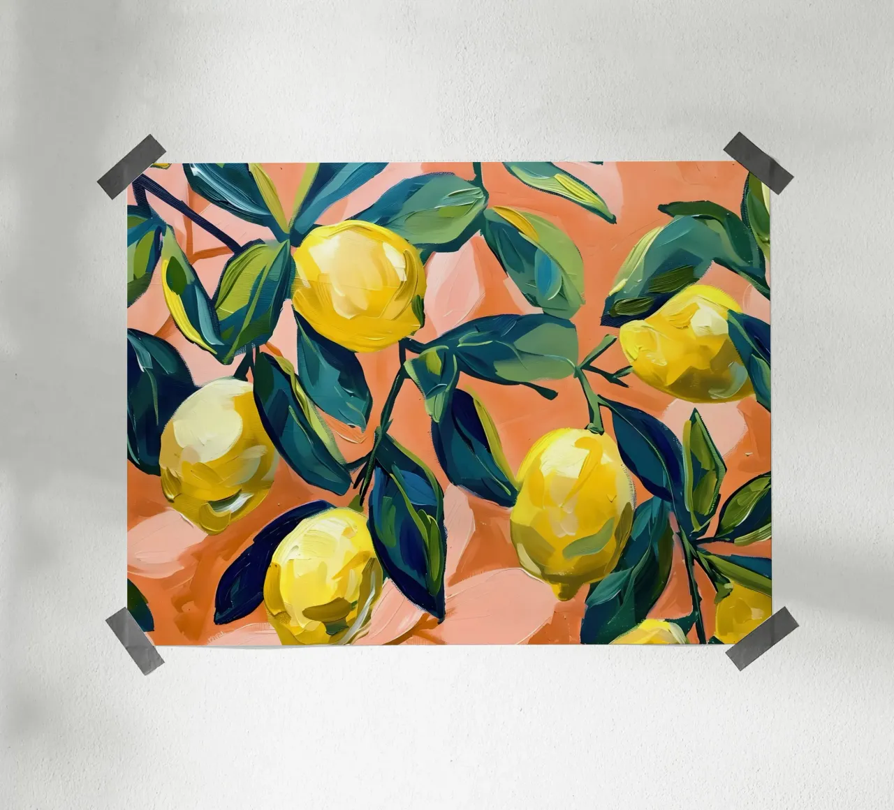 Lemons with leaves and orange background poster by Yaso Design & Art