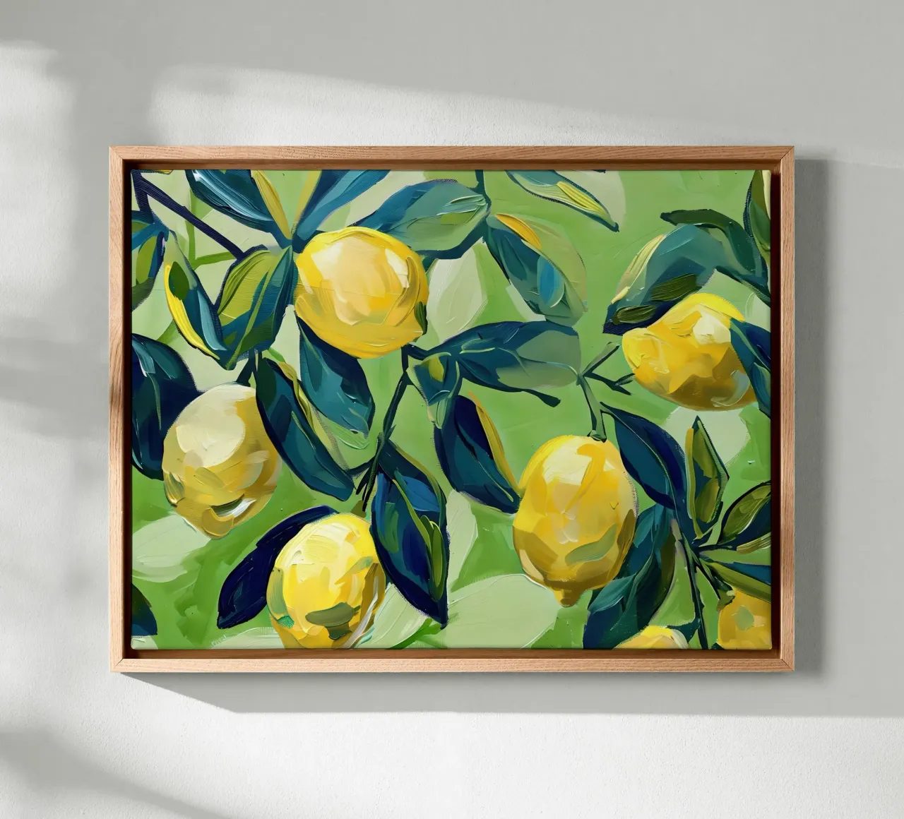 Lemons with leaves and light green background canvas with Floater frame by Yaso Design & Art