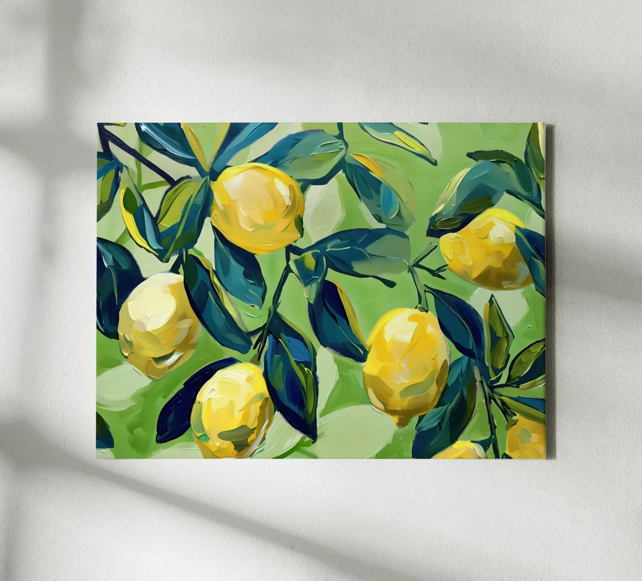 Lemons with leaves and light green background canvas with Floater frame by Yaso Design & Art