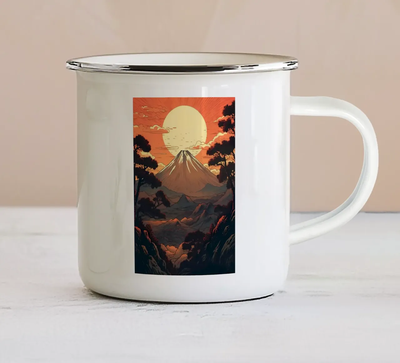 Paesaggio asiatico vintage tazza in smalto da Mikesell