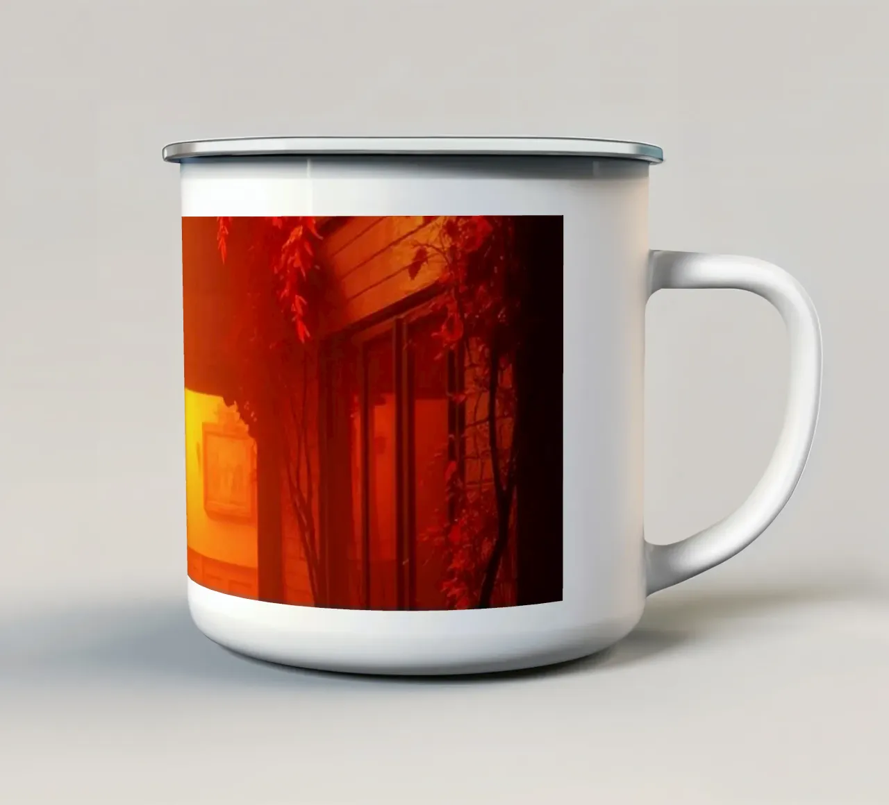 Stupendo sentiero autunnale che conduce all'accogliente rifugio tazza in smalto da DesignDoodle