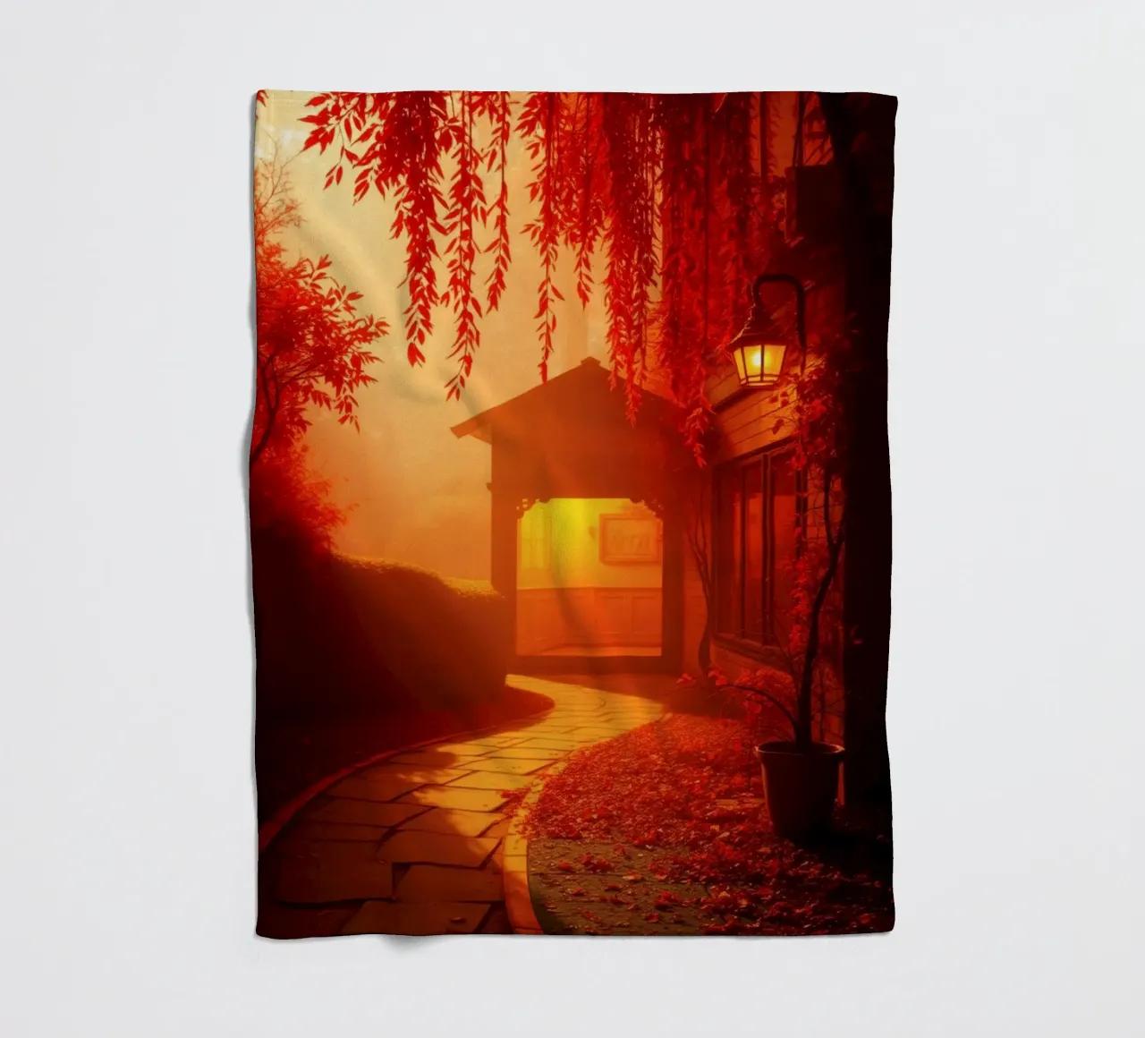 Wunderschöner Herbstpfad, der zu einem gemütlichen Unterstand führt Fleecedecke von DesignDoodle