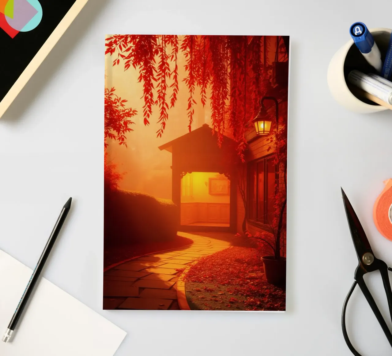 Superbe sentier d'automne menant à un abri douillet carnet de notes de DesignDoodle