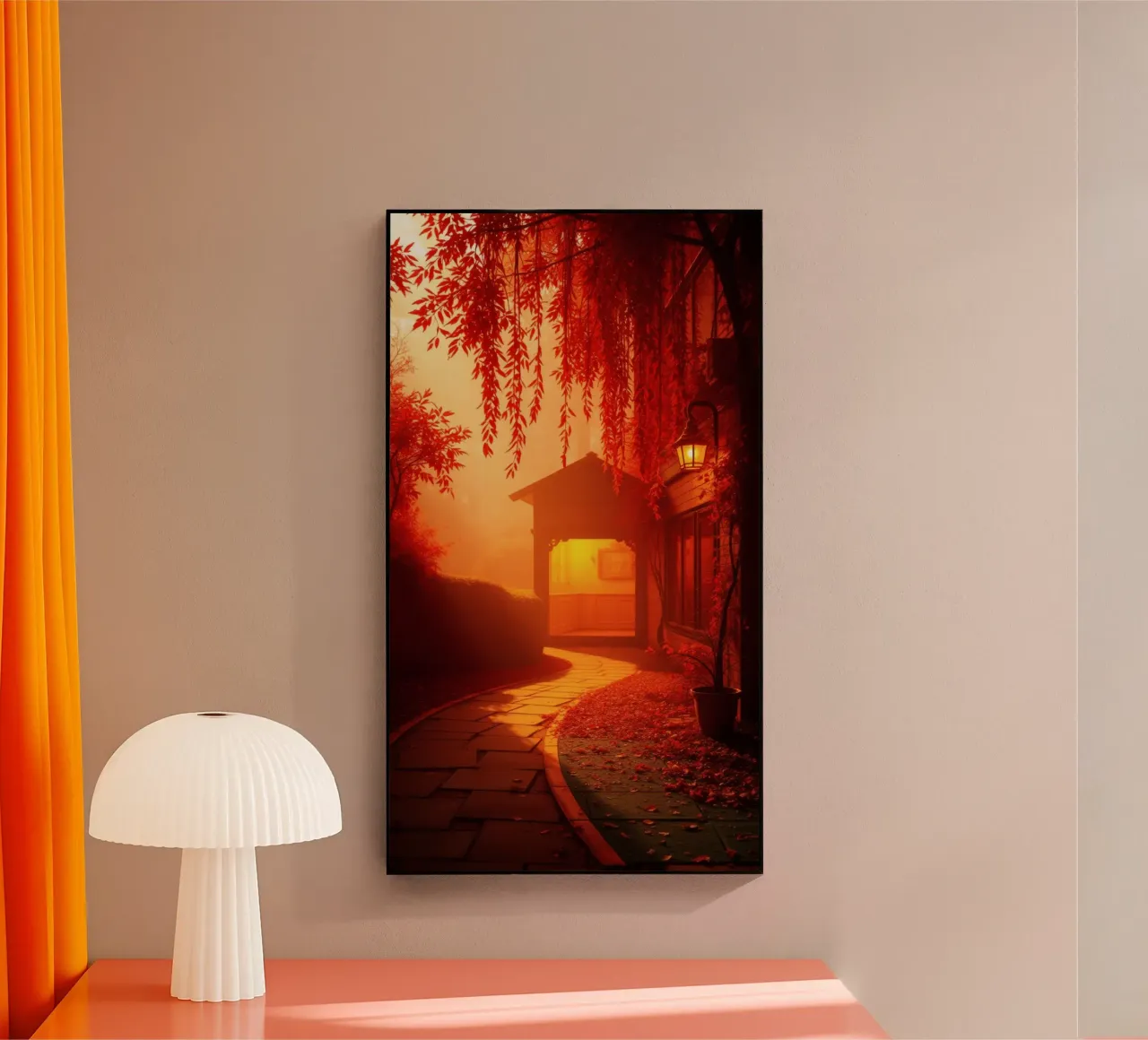 Impresionante camino otoñal que conduce a un acogedor refugio metacrilato de DesignDoodle
