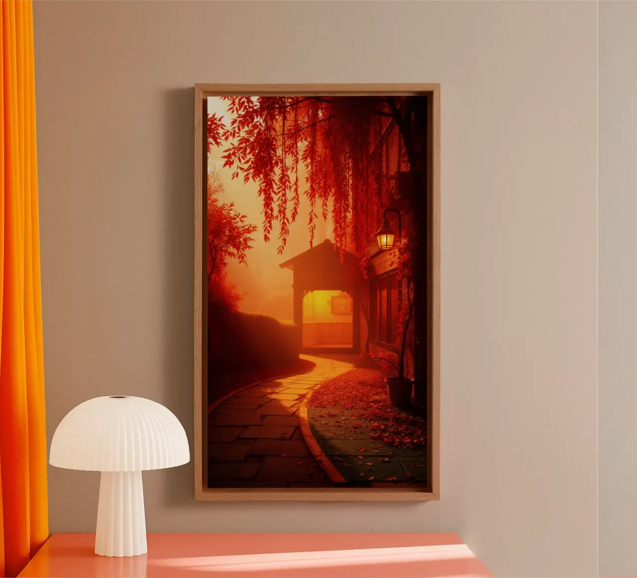 Stunning autumn pathway leading to cozy shelter canvas by DesignDoodle