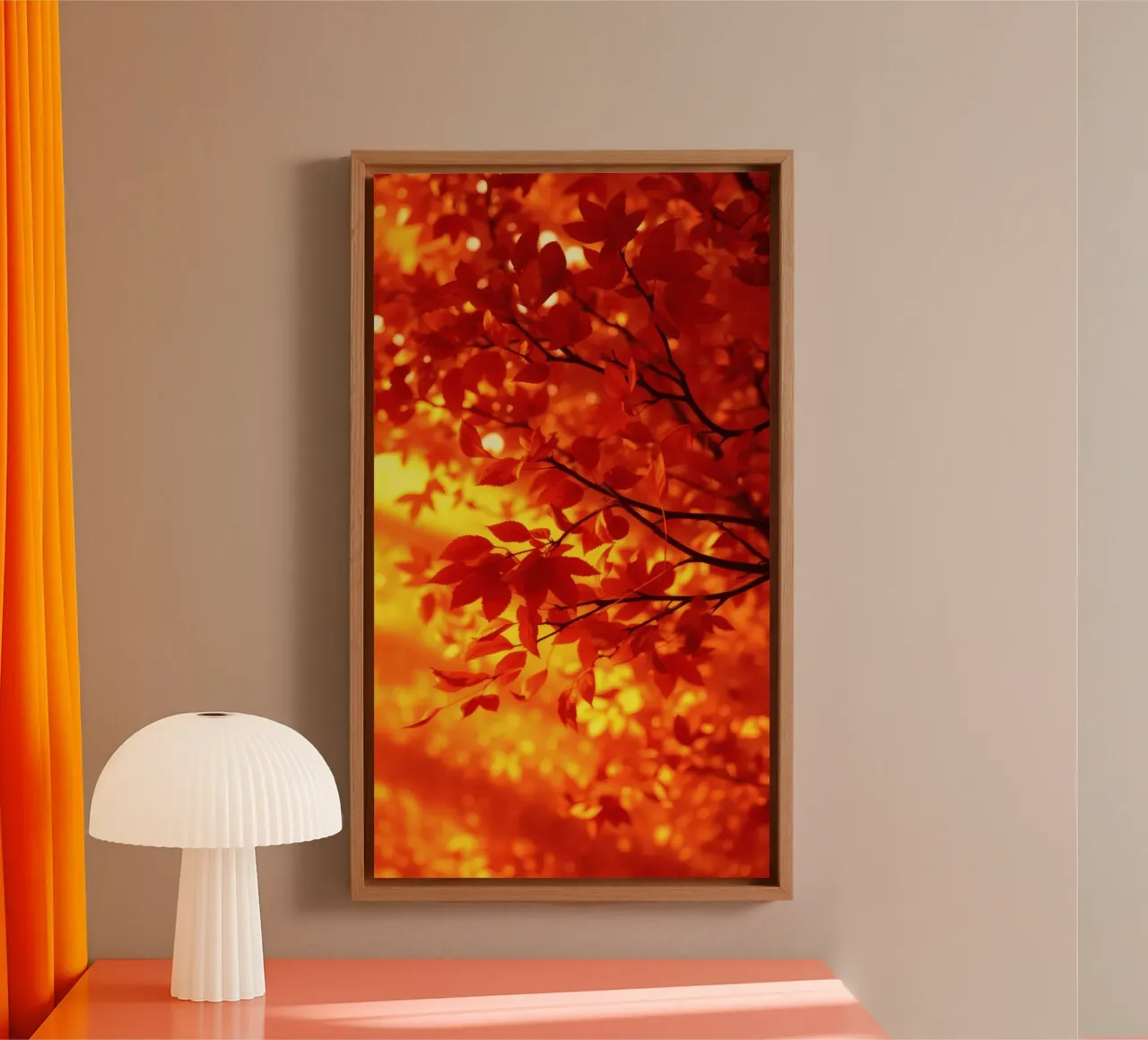 Vibrant autumn leaves illuminated against a warm background canvas with Floater frame by DesignDoodle