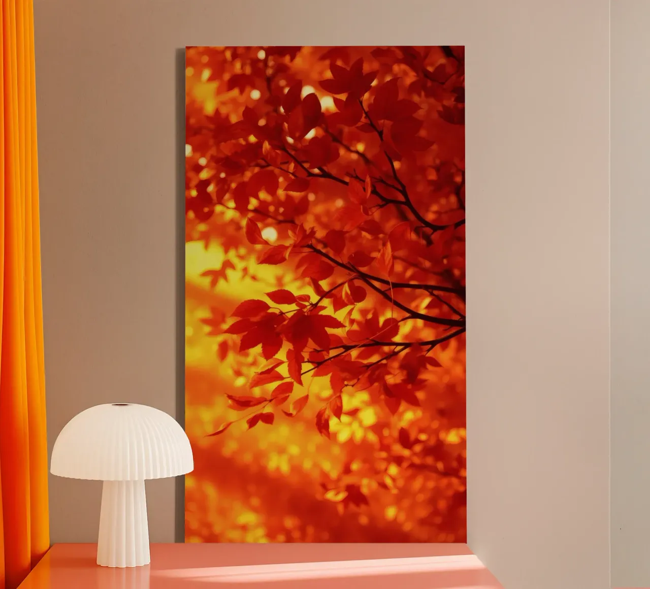 Vibrant autumn leaves illuminated against a warm background canvas with Floater frame by DesignDoodle
