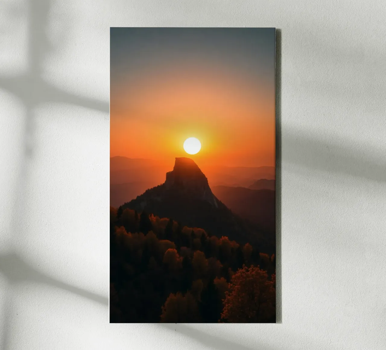 Sunset over a mountain peak with vibrant colors canvas with Floater frame by DesignDoodle