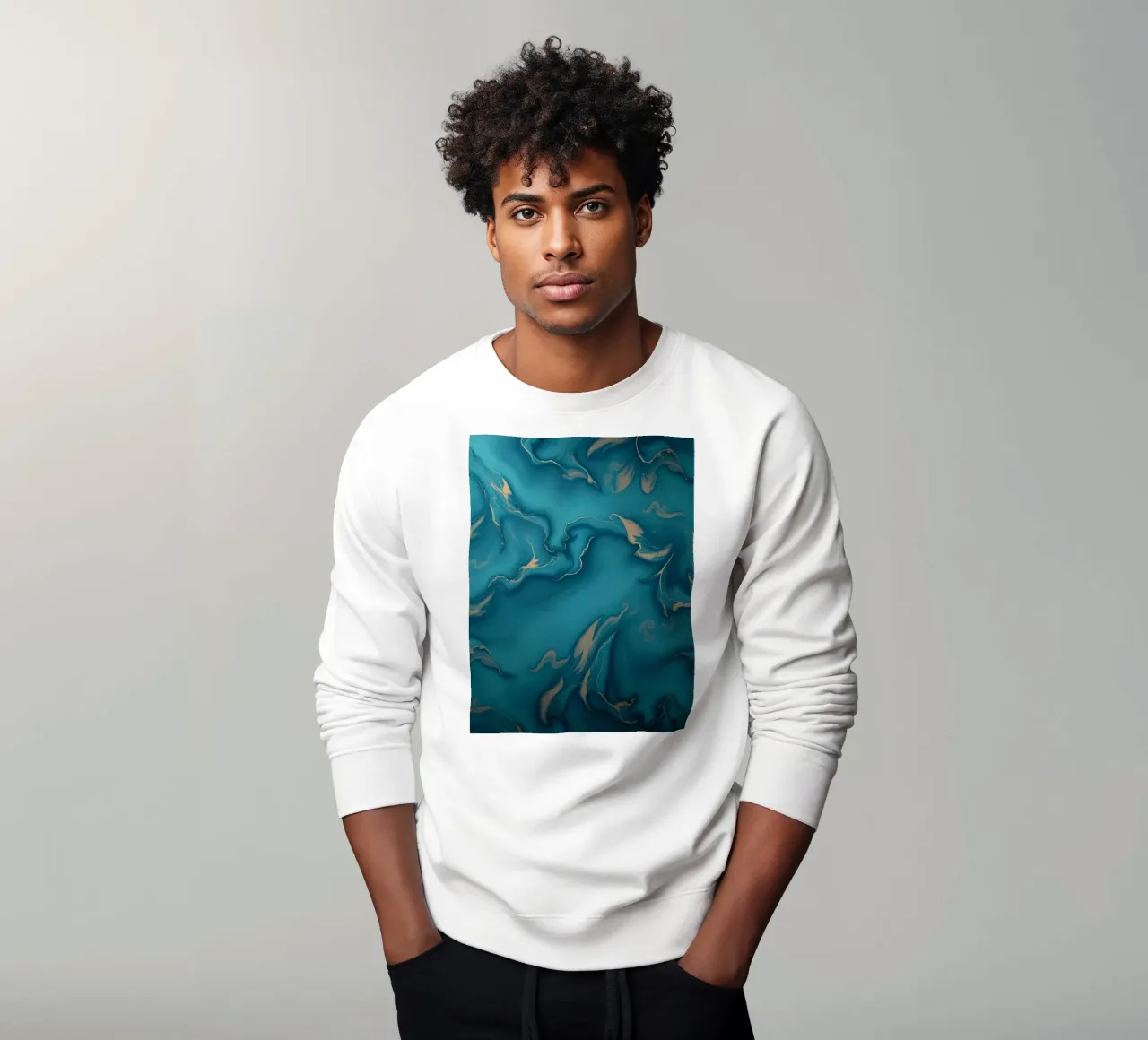 Unique abstract blue and gold marbled with flowing patterns sweatshirt by DesignDoodle