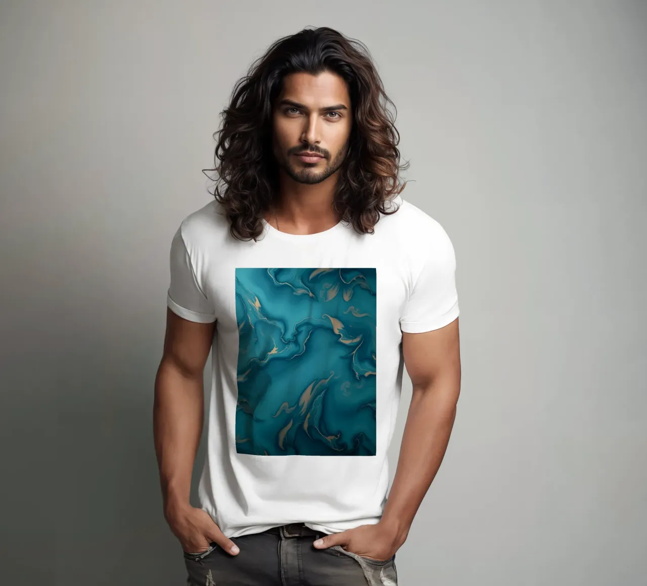 Unique abstract blue and gold marbled with flowing patterns t-shirt by DesignDoodle
