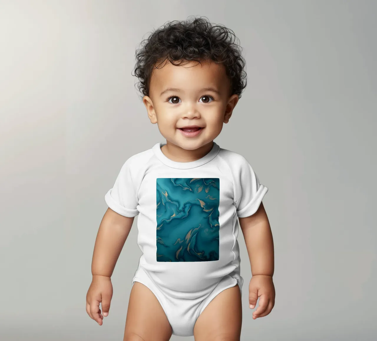Unique abstract blue and gold marbled with flowing patterns short-sleeve baby romper by DesignDoodle