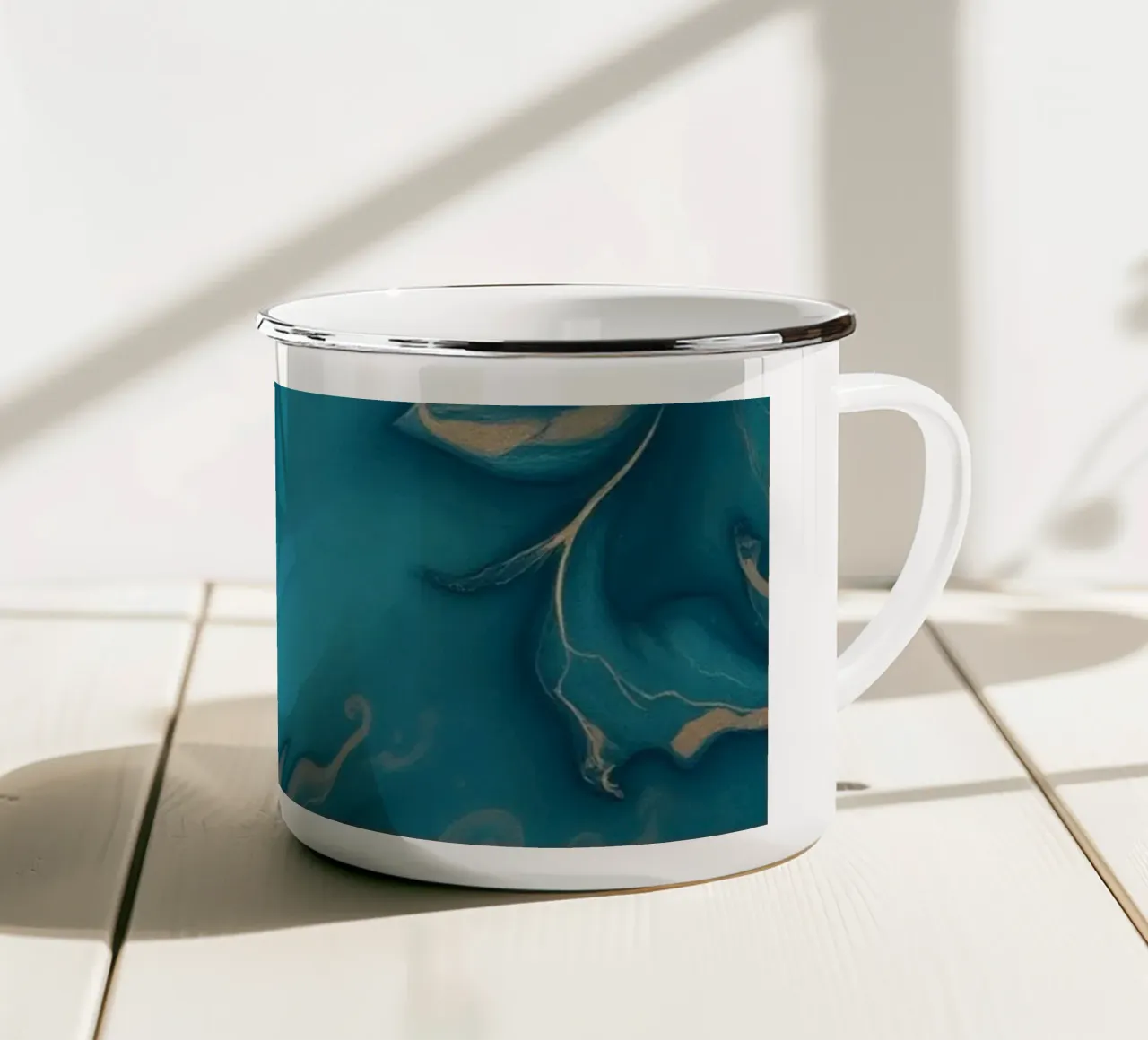 Unique abstract blue and gold marbled with flowing patterns enamel mug by DesignDoodle