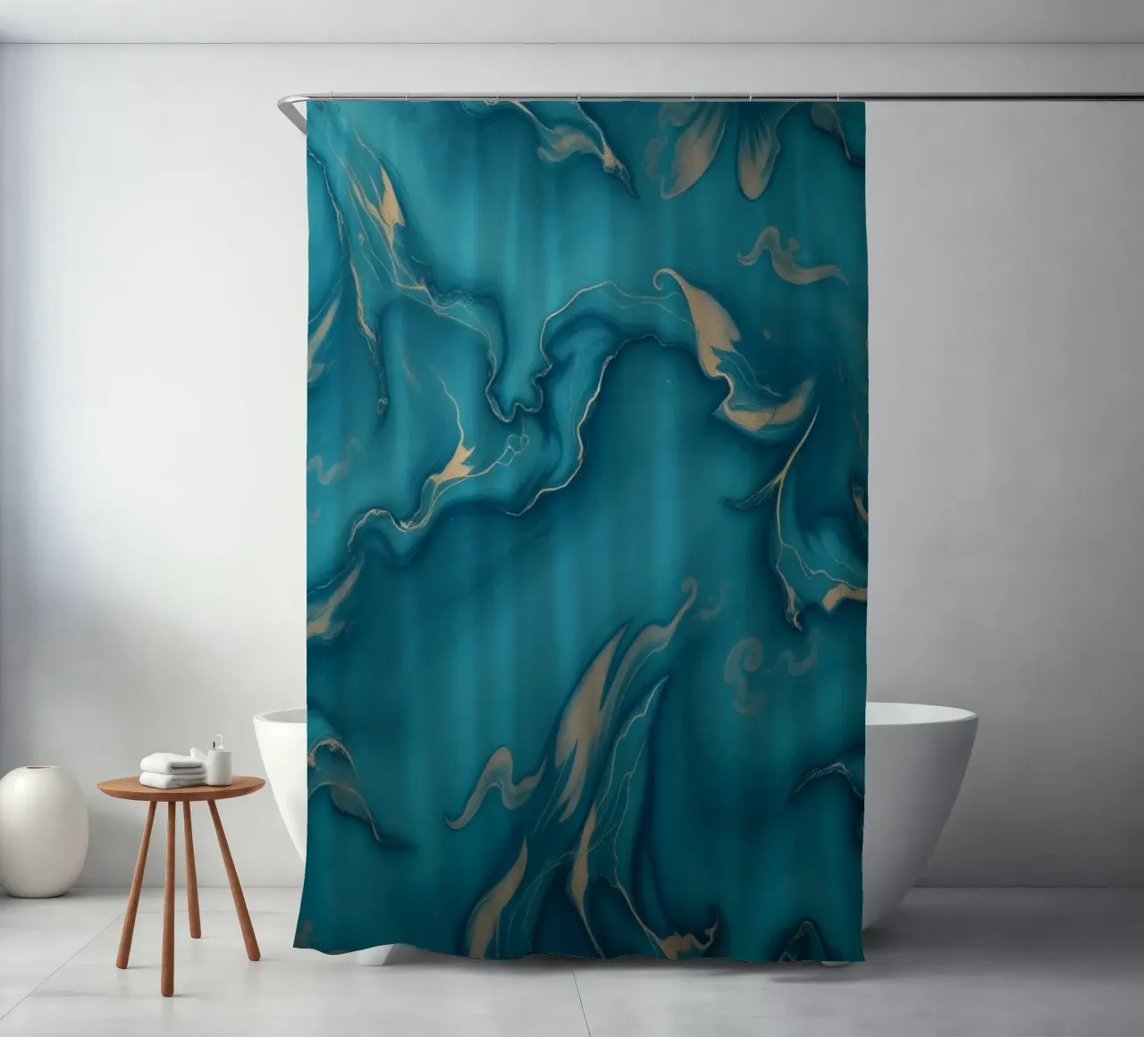 Unique abstract blue and gold marbled with flowing patterns shower curtain by DesignDoodle