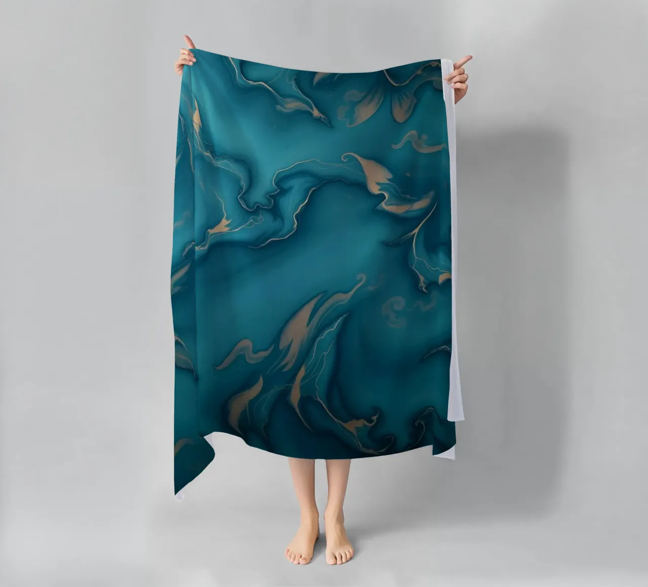 Unique abstract blue and gold marbled with flowing patterns beach towel by DesignDoodle