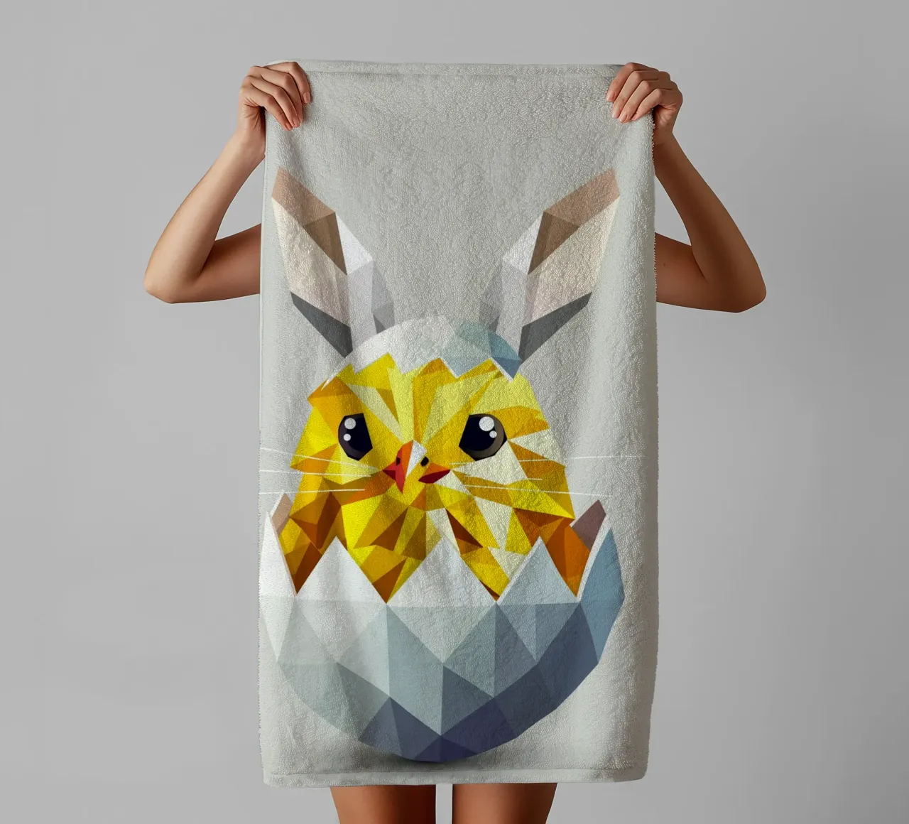 Geometric Easter chick in an egg with bunny ears towel by namosh