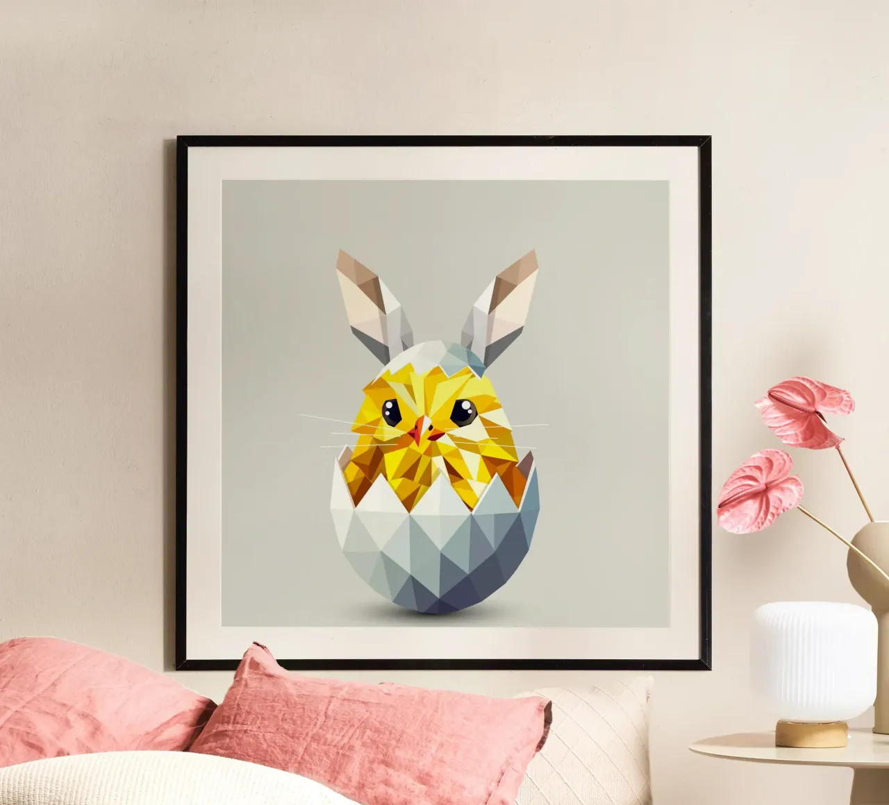 Pollito de Pascua geométrico en un huevo con orejas de conejo hahnemühle de namosh